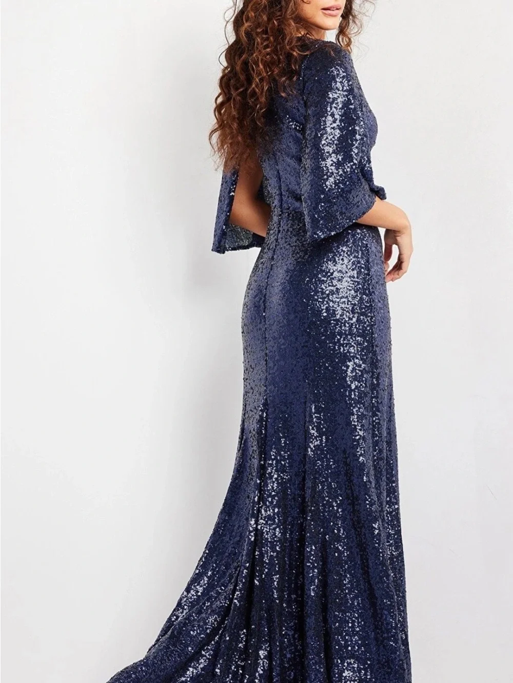 Jovani Navy Kimono Sleeves Evening Gown